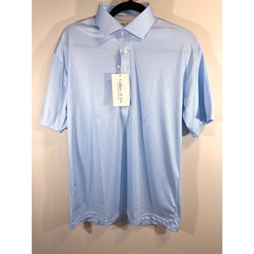 Collars & Co Mens Dress Collar Polo Shirt Light Blue Geometric‎ Medium NWT